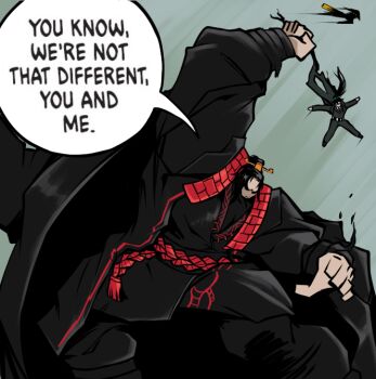 1other 2boys absolute_batman absolute_dc belt black_coat black_hair black_hanfu black_pants black_robe black_shoes black_vest chinese_clothes coat commentary dc_comics english_commentary english_text eryx03 hanfu hong_lu_(project_moon) jia_qiu_(project_moon) limbus_company long_hair multiple_boys necktie pants project_moon red_necktie red_sash robe sash scene_reference shirt shoes vest white_shirt xiao_guan_(headdress)