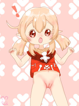 ! 1girl ahoge animal blonde_hair blush bottomless cross cross_print flat_chest floral_background floral_print genshin_impact jojifuku klee_(genshin_impact) loli looking_at_viewer low_twintails navel open_mouth pink_background pointy_ears pom_pom_(clothes) print_shirt pussy rabbit red_eyes red_shirt shirt short_hair short_sleeves standing surprised twintails urameido