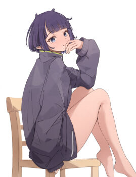 1girl barefoot blue_eyes blunt_bangs bob_cut chair closed_mouth commentary from_side full_body grey_jacket hand_up hashtag-only_commentary highres hololive hololive_english jacket knees_up looking_at_viewer malvar mole mole_under_eye ninomae_ina'nis ninomae_ina'nis_(loungewear) official_alternate_costume pointy_ears purple_hair short_hair simple_background sitting sleeves_past_wrists solo virtual_youtuber white_background