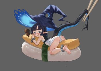 ass barefoot black_hair blue_eyes blush cameltoe chopsticks commentary cuffs dog_loli drooling feet flat_chest food glowing_hat gourd grey_background hashtag-only_commentary hat highres hikimayu in_food large_hat loli looking_back lying mini_person minigirl mouth_drool nose_blush on_stomach open_mouth original pointy_ears shackles simple_background sushi symbol-only_commentary tail witch_hat