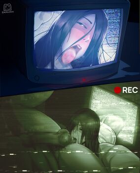 1boy 1girl absurdres anilingus black_hair blush breadcavity censored female_rimming_male ghost highres long_hair mosaic_censoring penis recording tagme testicles the_ring through_medium through_screen tongue tongue_out tv yamamura_sadako