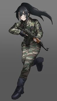aks-47 black_hair bosnia_and_herzegovina commentary english_commentary green_eyes highres jashin_gopnik original ponytail republika_srpska running serbia soldier tall_female tasia_vukovic yugoslavia