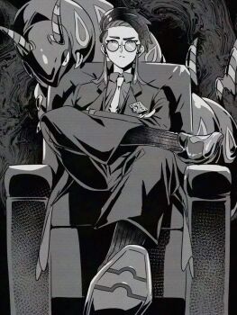 1boy bug centipede chair closed_mouth collared_shirt corbeau_(pokemon) crossed_legs eyewear_strap gen_5_pokemon glasses greyscale jacket long_sleeves looking_at_viewer monochrome necktie nekokawai1ii7 nintendo open_clothes open_jacket pants parted_hair pokemon pokemon_(creature) pokemon_legends:_z-a round_eyewear scolipede shirt shoes short_hair short_sideburns sitting socks undercut