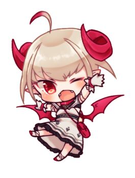 1girl ahoge ankle_lace-up bag bare_shoulders belt blush bracelet broken_heart_print chestnut_mouth chibi chibi_only collar colored_tips cross cross_print curled_horns demon_girl demon_horns demon_wings dress dyed_ahoge fangs flat_chest frilled_dress frills full_body gloves grey_hair hair_between_eyes handbag hands_up heart heart_print horns jewelry long_dress looking_at_viewer makaino_ririmu makaino_ririmu_(1st_costume) multicolored_hair nijisanji no_socks off-shoulder_dress off_shoulder one_eye_closed outstretched_arms pointy_ears red_bag red_collar red_eyes red_horns red_shoes red_streaks red_wings shirt_under_dress shoes short_hair shoulder_bag sidelocks smile solo souffle_sable spread_arms standing standing_on_one_leg streaked_hair transparent_background undershirt virtual_youtuber white_dress white_gloves white_shoes wings