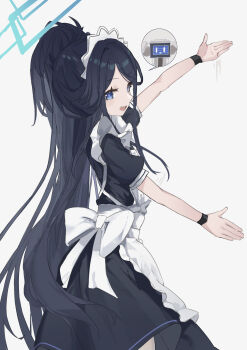 1girl :d absurdres apron aris_(blue_archive) aris_(maid)_(blue_archive) back_bow black_dress black_hair blue_archive blue_eyes blue_halo bow bright_pupils chinese_commentary commentary dress eyelashes feet_out_of_frame frilled_apron frills from_side halo highres kei_(amas)_(blue_archive) long_hair looking_at_viewer maid maid_apron maid_headdress motion_lines official_alternate_costume official_alternate_hairstyle open_mouth outstretched_arms parted_bangs ponytail puffy_short_sleeves puffy_sleeves rectangular_halo sercet short_sleeves sidelocks simple_background smile solo speech_bubble spoken_character standing teeth upper_teeth_only very_long_hair white_apron white_background white_bow white_pupils