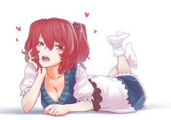 1girl :o blue_dress bobby_socks breasts cleavage collarbone commentary dress feet_up hair_bobbles hair_ornament hand_on_own_cheek hand_on_own_face heart highres kawayabug looking_at_viewer lying medium_breasts medium_hair on_stomach onozuka_komachi puffy_short_sleeves puffy_sleeves red_eyes red_hair shirt short_sleeves simple_background socks solo the_pose touhou two_side_up white_background white_overskirt white_shirt white_socks