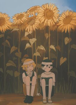 2boys absurdres antenna_hair bandage_over_one_eye bandaged_head bandages basil_(faraway)_(omori) basil_(omori) black_eyes black_hair blonde_hair closed_eyes closed_mouth collared_shirt dangoiz expressionless flip-flops flower highres male_focus multiple_boys nervous_smile omori sandals shirt short_hair sitting smile socks spoilers sunflower sunny_(omori) teeth upper_teeth_only white_shirt white_socks yellow_flower