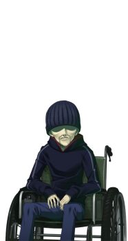 1boy beanie black_jacket blue_pants chaos;head chaos_child_syndrome colored_skin emaciated faceless faceless_male facing_viewer game_cg green_skin hat hood hooded_jacket jacket male_focus matsuo_yukihiro non-web_source official_art open_mouth pants science_adventure shogun_(chaos;head) sitting solo sprite track_jacket transparent_background wheelchair wrinkled_skin