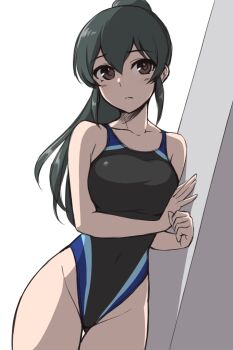 1girl against_wall black_hair black_one-piece_swimsuit breasts brown_eyes collarbone commentary_request competition_swimsuit covered_navel cowboy_shot hair_between_eyes high_ponytail highleg highleg_one-piece_swimsuit idolmaster idolmaster_cinderella_girls large_breasts long_hair looking_at_viewer multicolored_swimsuit ohishi_izumi one-piece_swimsuit pataneet ponytail sidelocks simple_background solo swimsuit white_background