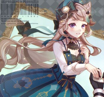 1boy 1girl alternate_costume alternate_hairstyle animal_ear_fluff animal_ears ascot beret black_ascot black_gloves blue_dress blue_hat bow cat_ears cat_girl cat_tail dress facial_mark frills genshin_impact gloves gold_trim grey_hair hat long_hair long_sleeves lynette_(genshin_cafe_in_seoul)_(genshin_impact) lynette_(genshin_impact) lyney_(genshin_impact) purple_eyes rin_gotarou smile star_(symbol) star_facial_mark star_tattoo tail tail_bow tail_ornament tattoo white_sleeves