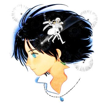 1boy 1girl absurdres black_hair blue_eyes blue_gemstone braid closed_mouth collared_shirt comet dancing dress earrings flying gem green_gemstone hat highres holding_hands howl_no_ugoku_shiro howl_pendragon jacket jacket_on_shoulders jewelry long_hair medium_hair necklace open_mouth shirt shooting_star single_braid smile sophie_hatter_(howl_no_ugoku_shiro) white_background white_shirt yin_0909
