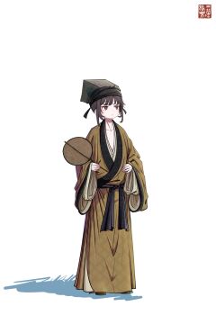 1girl absurdres artist_logo artist_name bad_source brown_eyes brown_hair chinese_clothes full_body futou hand_fan hanfu hat highres jiaoling_ruqun logo original red_eyes sange_xiaoxiangguo simple_background solo tuanshan white_background