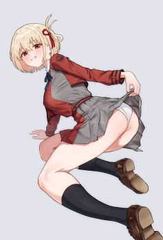 Rule 34 | 1girl, arm support, ass, belt, black ribbon, blonde hair, blush, bob cut, breasts, brown shoes, clothes lift, commentary request, dress, dress lift, grey background, grey dress, hair ribbon, hair rings, highres, kadokadokado, large breasts, lifting own clothes, loafers, looking at viewer, lycoris recoil, lycoris uniform, neck ribbon, nishikigi chisato, panties, pleated dress, red belt, red dress, red eyes, red ribbon, ribbon, shoes, short hair, single hair ring, smile, socks, solo, thighs, two-tone dress, underwear, white panties, white socks