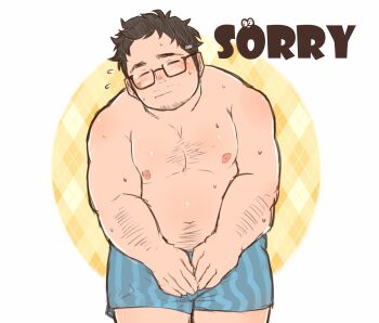 1boy apologizing arm_hair artist_self-insert bara belly blue_male_underwear blush boxers closed_eyes covering_privates covering_crotch cowboy_shot english_text facial_hair fat fat_man flying_sweatdrops glasses goatee_stubble hairy highres long_sideburns male_focus male_underwear mature_male mustache_stubble navel navel_hair nipples original osu_(osumankokuou) pectorals semi-rimless_eyewear short_hair shy sideburns sideways_mouth solo sparse_chest_hair standing stomach striped_male_underwear stubble sweat thick_eyebrows topless_male underwear very_sweaty
