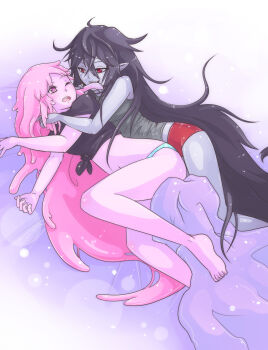 2girls adventure_time black_hair blue_panties blush colored_skin grey_skin highres long_hair marceline_abadeer multiple_girls navel no_pants panties pink_hair pink_skin princess_bonnibel_bubblegum red_eyes red_panties tiara underwear yuri