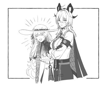 2girls absurdres ahoge alice_(dkfl_tm09too) blush breasts closed_eyes closed_mouth collared_shirt commentary crossed_arms curled_horns gloves greyscale hair_between_eyes high-waist_pants highres horns jacket jacket_on_shoulders large_breasts long_hair monochrome multiple_girls necktie open_mouth pants phoebe_(wuthering_waves) sash shirt shirt_tucked_in smile wuthering_waves zani_(wuthering_waves)