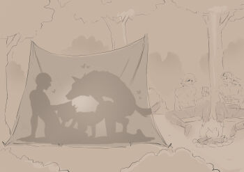 1girl 3boys absurdres animal ass bestiality breasts bush cafin commentary english_commentary fellatio fire fireplace greyscale heart hetero highres large_breasts league_of_legends monochrome multiple_boys oral outdoors sex sex_from_behind taliyah tent tree wolf