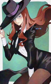 1girl absurdres adjusting_clothes adjusting_headwear between_legs bilingual_commentary black_dress black_hat black_pantyhose blue_eyes border closed_mouth collared_dress commentary cowboy_shot dress earrings floating_hair glasses green_background hand_between_legs hand_up hat highres jewelry knowname long_hair looking_at_viewer mixed-language_commentary outside_border pantyhose red_hair red_nails simple_background smile solo spy_x_family sylvia_sherwood twitter_username white_border