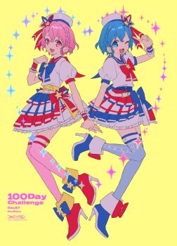 1boy 1girl :d beret betti_(xx_betti) blue_bow blue_eyes blue_hair blue_skirt blue_thighhighs boots bow braid brother_and_sister copyright_name dorothy_west full_body hand_up hat heart high_heel_boots high_heels highres looking_at_viewer mole mole_under_eye one_eye_closed open_mouth pink_eyes pink_hair pink_thighhighs pretty_series pripara puffy_short_sleeves puffy_sleeves red_bow red_skirt reona_west shirt short_hair short_sleeves siblings side_braid skirt smile sparkle standing standing_on_one_leg thighhighs trap twins white_hat white_shirt wrist_cuffs yellow_background