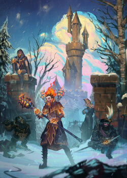 1other 2girls 3boys absurdres arm_armor armor axe bardin_goreksson beard belt black_armor black_belt black_cape black_coat black_facial_hair black_footwear black_gloves black_hat black_hood blue_eyes blue_sky boots brick_wall cape capelet castle chain cloak cloud cloudy_sky coat commentary corpse covered_mouth cross crossed_arms cuirass denis_quinn dwarf english_commentary facial_hair fantasy feathers fiery_hair fingerless_gloves full_armor full_beard furry gloves glowing_arm glowing_hands gold_armor green_cloak grey_hair halberd hat helmet highres holding holding_axe holding_weapon icicle in-universe_location iron_cross kerillian knee_boots knee_pads leaning_back leg_armor long_hair long_sleeves markus_kruber mask mouse_(animal) multiple_boys multiple_girls mustache on_ground one_eye_covered open_mouth orange_eyes outdoors over_shoulder pilgrim_hat plague_monk plume pointed_footwear polearm red_capelet running_bond sharpening shoulder_armor sienna_fuegonasus single_fingerless_glove sitting sky snow snowing spiked_armor spikes standing_on_another&#039;s_head sword teeth torch tree tricorne two-tone_armor vermintide vermintide_2 victor_saltzpyre warhammer_fantasy weapon weapon_over_shoulder white_feathers x_x