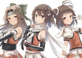 3girls absurdres antenna_hair black_gloves black_neckerchief black_necktie blush bow brown_eyes brown_hair buttons commentary_request cowboy_shot double-breasted double_bun dress elbow_gloves fingerless_gloves forehead_protector gloves green_bow green_headband grin hair_bow hair_bun hair_intakes hair_ornament half_updo headband highres jintsuu_(kancolle) jintsuu_kai_ni_(kancolle) kantai_collection long_hair looking_at_viewer miniskirt multiple_girls naka_(kancolle) naka_kai_ni_(kancolle) neckerchief necktie orange_dress orange_shirt pleated_skirt puffy_short_sleeves puffy_sleeves sailor_collar sarashi scarf school_uniform sendai_(kancolle) sendai_kai_ni_(kancolle) serafuku shirt short_hair short_sleeves simple_background skirt sleeveless sleeveless_shirt smile stretching sukimizaki two_side_up v white_background white_gloves white_sailor_collar white_scarf white_skirt