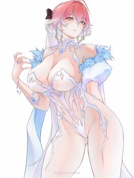 Rule 34 | 1girl, absurdres, artist name, blue gem, breasts, brown dust (series), brown dust 2, ceplokceplok, changli (wuthering waves), cleavage, commentary, cosplay, cowboy shot, english commentary, gem, gluteal fold, gradient background, highres, jewelry, large breasts, medium hair, pink hair, ring, solo, white hair, wilhelmina (brown dust), wilhelmina (brown dust) (cosplay), wilhelmina (frost queen) (brown dust), wuthering waves