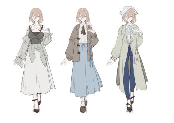 1girl absurdres alternate_costume aponia artist_collaboration black_shirt black_shoes blonde_hair blue_eyes blue_pants blue_shirt blue_skirt breasts brown_cardigan cardigan cleavage coat commentary english_commentary grey_coat hair_between_eyes hairband hand_up hat highres honkai_(series) honkai_impact_3rd large_breasts long_skirt long_sleeves looking_at_viewer medium_hair multiple_views open_cardigan open_clothes pants parted_lips reference_sheet sang_sha see-through_clothes see-through_shirt shirt shoes simple_background sketch skirt white_background white_hairband white_hat white_skirt zelian