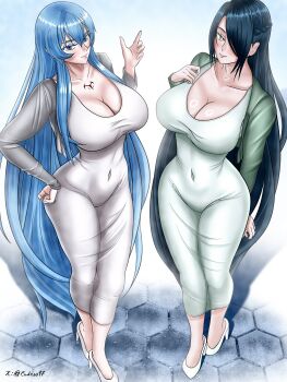 2girls absurdres akame_ga_kill! arm_behind_back arm_up artist_name azuma_fubuki black_hair blue_eyes blue_hair bob_cut braid breasts butterfly_tattoo chest_tattoo closed_mouth collarbone commentary covered_groin covered_navel dongtan_dress double-parted_bangs dress english_commentary esdeath esdesu17 full_body gradient_background grey_dress hair_between_eyes hair_over_one_eye half_crown_braid hand_on_own_chest hand_on_own_hip high_heels highres index_finger_raised large_breasts light_smile long_hair long_sidelocks looking_at_viewer mato_seihei_no_slave mature_female multiple_girls parted_bangs pencil_dress pink_lips scoop_neck shadow shoes sidelocks simple_background smile swept_bangs tattoo taut_clothes taut_dress thick_thighs thighs tight_clothes tight_dress tile_floor tiles very_long_hair white_background white_shoes yellow_eyes