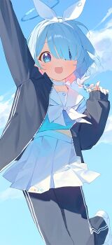 1girl :d arm_up arona_(blue_archive) blue_archive blue_eyes blue_hair blue_halo blue_jacket blue_pants blue_shirt blush bow_hairband braid choker colored_inner_hair hair_over_one_eye hairband halo hand_up hashtag-only_commentary highres jacket long_sleeves looking_at_viewer midriff_peek multicolored_hair neckerchief nnmbpx open_clothes open_jacket open_mouth pants pants_under_skirt pink_hair sailor_collar shirt short_hair single_braid single_sleeve_past_wrist skirt sky smile solo track_jacket track_pants track_suit white_choker white_hairband white_neckerchief white_sailor_collar white_skirt