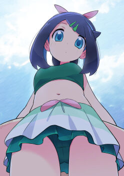 1girl arms_behind_back artist_name bikini black_hair blue_eyes blue_hair cameltoe colored_inner_hair commentary_request expressionless from_below green_bikini green_hair_ornament hair_ornament hairclip highres liko_(pokemon) midriff multicolored_hair navel nintendo pokemon pokemon_(anime) pokemon_horizons rascal_(feuille) short_hair solo swept_bangs swimsuit swimsuit_skirt thighs twitter_username