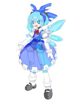 1girl :d absurdres blue_dress blue_eyes blue_hair cheri_zao cirno commentary dress highres joints light_blue_hair looking_at_viewer mary_janes mechanical_wings mechanization neck_ribbon open_mouth red_ribbon ribbon robot_girl robot_joints see-through_clothes see-through_dress shoes short_hair simple_background smile solo touhou white_background wings