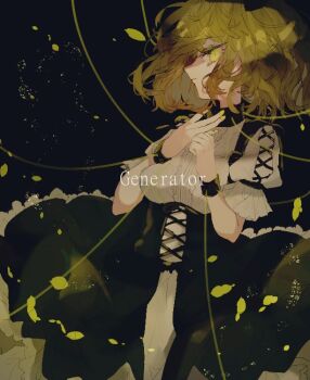 1girl black_background breasts closed_mouth commentary_request cowboy_shot english_text expressionless green_hair green_skirt looking_at_viewer medium_breasts one-hour_drawing_challenge own_hands_together puffy_short_sleeves puffy_sleeves shinjitsu_no_kuchi shirt short_hair short_sleeves skirt soga_no_tojiko solo string touhou white_shirt yellow_eyes