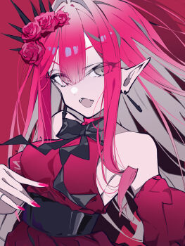 1girl absurdres baobhan_sith_(chaldea_satellite_station)_(fate) baobhan_sith_(fate) bare_shoulders breasts commentary_request dress earrings fate/grand_order fate_(series) flower grey_eyes hair_flower hair_ornament highres jewelry large_breasts long_hair looking_at_viewer open_mouth pink_hair pointy_ears red_background red_dress rose sidelocks smile solo tiara yuniyuni