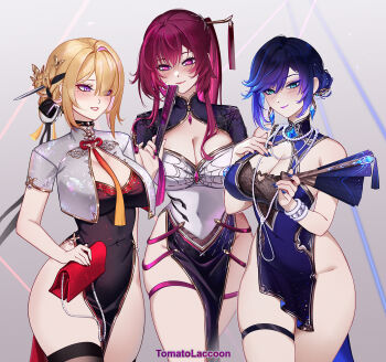 1girl alternate_costume alternate_hairstyle artist_name bag bead_necklace beads black_thighhighs blonde_hair blue_dress blue_hair blue_nails blush braid braided_bun breasts butterfly_hair_ornament china_dress chinese_clothes cleavage closed_mouth covered_navel crossed_legs dress earrings evelyn_chevalier fingernails folding_fan genshin_impact gradient_background gradient_hair green_eyes grey_background hair_bun hair_ornament hair_up hand_fan hand_up handbag high-waist_dress highres holding holding_bag holding_fan honkai:_star_rail honkai_(series) jewelry kafka_(honkai:_star_rail) large_breasts looking_ahead looking_at_viewer medium_breasts mihoyo mole mole_on_breast mole_under_eye multicolored_hair nail_polish necklace parted_lips pelvic_curtain ponytail purple_eyes purple_hair purple_lips ring_hair_ornament short_hair sidelocks silver_nails smile solo thigh_strap thighhighs thighs tomatolaccoon yelan_(genshin_impact) zenless_zone_zero