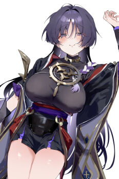 1girl arm_up armor au_au08 black_dress blush breasts choppy_bangs closed_mouth commentary cowboy_shot dress eyeliner genderswap genderswap_(mtf) genshin_impact hair_between_eyes highres japanese_armor japanese_clothes kote kurokote large_breasts long_hair looking_at_viewer makeup purple_eyes purple_hair red_eyeliner scaramouche_(genshin_impact) simple_background smile solo symbol-only_commentary white_background