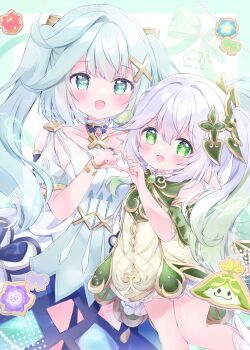 2girls four-finger_heart_hands :d absurdres aqua_border aqua_eyes aqua_hair aranara_(genshin_impact) bloomers blush border bow breasts chiika_(cure_cherish) clothing_cutout commentary_request cowboy_shot dated detached_sleeves dress faruzan_(genshin_impact) gem genshin_impact gradient_hair green_bow green_eyes green_gemstone green_hair green_sleeves hair_between_eyes hair_ornament hands_up harra_fruit_(genshin_impact) heart heart_hands heart_hands_duo highres kalpalata_lotus leaf_hair_ornament long_hair looking_at_viewer multicolored_hair multiple_girls nahida_(genshin_impact) open_mouth outside_border pointy_ears purple_bow shoulder_cutout sleeveless sleeveless_dress smile star-shaped_pupils star_(symbol) sumeru_rose_(genshin_impact) symbol-shaped_pupils triangle-shaped_pupils twintails underwear white_bloomers white_dress white_hair x_hair_ornament