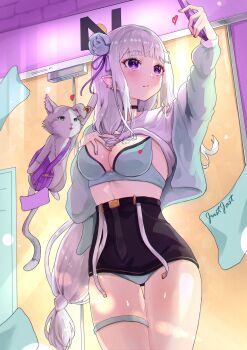 1girl absurdres alternate_costume arm_up bag black_choker black_corset blunt_bangs blush bra breasts cardigan cat cellphone choker cleavage closed_mouth clothes_lift commentary_request corset earrings elf emilia_(re:zero) flower flying_animal grey_bra grey_panties hair_flower hair_ornament hair_ribbon hand_on_own_chest heart highres holding holding_phone indoors jewelry justjast long_hair long_sleeves looking_at_phone low-tied_long_hair medium_breasts mixed-language_commentary open_cardigan open_clothes panties paper phone pointy_ears puck_(re:zero) purple_eyes purple_ribbon re:zero_kara_hajimeru_isekai_seikatsu ribbon shirt shirt_lift shoulder_bag signature smartphone solo standing thigh_gap thigh_strap thighs underwear very_long_hair white_cardigan white_shirt window