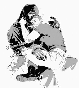 Rule 34 | 2boys, arm up, boots, call of duty, call of duty: modern warfare 2, cellphone, chanyuqianxin, character name, closed eyes, commentary, cropped legs, english commentary, english text, ghost (modern warfare 2), gloves, greyscale, highres, holding, holding phone, hood, hood up, hoodie, invisible chair, looking at phone, male focus, mask, monochrome, multiple boys, pants, phone, shirt, short sleeves, simple background, sitting, sitting on lap, sitting on person, sketch, skull mask, soap (modern warfare 2), t-shirt, twitter username, white background, yaoi