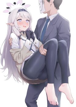 1boy 1girl absurdres ass barefoot black_gloves black_hair black_hairband black_leggings blue_archive blue_necktie blush business_suit carrying commentary doodle_sensei_(blue_archive) earclip elf embarrassed feet formal_clothes gloves grey_hair grey_halo grey_suit hair_tubes hairband halo hetero highres himari_(blue_archive) jacket leggings long_hair long_sleeves mole mole_under_eye multicolored_halo necktie open_mouth own_hands_together p_shiki paper_on_head pointy_ears princess_carry purple_eyes sensei_(blue_archive) shirt simple_background striped_clothes striped_hairband suit sweat sweatdrop toenails toes two-tone_halo white_background white_halo white_jacket white_shirt