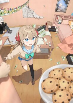 3girls absurdres ahoge aqua_bow aqua_bowtie asymmetrical_legwear black_cardigan black_sailor_collar black_skirt black_socks black_thighhighs blue_eyes blue_sailor_collar blue_skirt blurry bow bowtie brown_hair cardigan chromatic_aberration closed_mouth commentary cookie english_commentary evil_neuro-sama food from_above fumo_(doll) hair_between_eyes hair_ornament hair_ribbon heart heart_hair_ornament highres indie_virtual_youtuber indoors lava_lamp loafers long_hair long_sleeves looking_at_viewer mattress money_laundering multiple_girls neuro-sama open_mouth pillow pleated_skirt portrait_(object) pov psionnee red_eyes red_ribbon ribbon sailor_collar shoes single_sock single_thighhigh skirt skull_hair_ornament socks study-sama thighhighs tweezers twintails two_side_up uneven_legwear vedal987 virtual_youtuber white_hair wide_shot yellow_cardigan