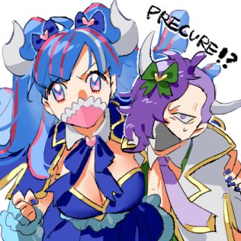 Rule 34 | alternate costume, blue bow, blue bowtie, blue dress, blue hair, bow, bowtie, breasts, cleavage, commentary, dress, hair ornament, hand on another's shoulder, horns, large breasts, long hair, looking at viewer, lowres, magical girl, mask, mouth mask, one piece, page one (one piece), pink eyes, precure, purple hair, raine (acke2445), sweatdrop, ulti (one piece), untranslatable commentary, upper body