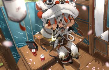 1boy ahoge animal_costume animal_ears arm_strap armpits arms_up bag black_headband blurry blurry_foreground can cherry_blossoms falling_petals folding_screen from_above grey_eyes headband highres lingyang_(wuthering_waves) lion_boy lion_costume lion_ears lion_tail open_mouth pang_(user8o8symb0l) pants petals shirt sitting sleeveless sleeveless_shirt solo strap tacet_mark_(wuthering_waves) tail tassel white_hair white_pants wooden_floor wuthering_waves zipper zipper_pull_tab