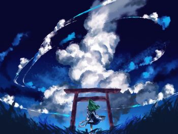 1girl blue_sky cloud detached_sleeves gohei grass green_hair highres holding holding_gohei kochiya_sanae long_hair long_sleeves oftooon outdoors sky solo torii touhou very_long_hair