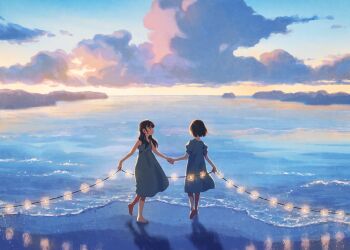 2girls backlighting bare_arms bare_shoulders barefoot beach black_hair blue_dress blue_eyes blue_sky blue_theme blunt_ends blurry blurry_background bob_cut closed_mouth cloud cloudy_sky depth_of_field dress facing_away floating_hair from_behind from_side glowing gradient_sky hair_behind_ear highres holding holding_hands holding_string horizon leg_up light light_particles long_hair looking_at_another looking_to_the_side medium_dress monaka_(siromona) multiple_girls no_lineart ocean original outdoors outstretched_arms profile puffy_short_sleeves puffy_sleeves reflection sand scenery shadow shore short_hair short_sleeves sky sleeveless sleeveless_dress standing string twilight water wide_shot wind yellow_sky