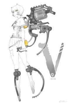 1girl arrow_(symbol) ass closed_mouth clothes_writing crop_top cropped_shirt cyborg dated expressionless fingernails from_behind full_body highres holding liren44 looking_at_viewer machine mechanical_legs mechanical_spine metal miniskirt monochrome original pleated_skirt roman_numeral sailor_collar science_fiction shirt short_hair short_sleeves skirt solo spot_color turning_head watermark weibo_watermark yellow_eyes