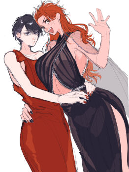 2girls a_nzi_end absurdres black_hair breasts cleavage commentary_request dress genderswap genderswap_(mtf) highres hug long_hair looking_at_viewer multiple_girls open_mouth orange_hair red_dress red_nails rukawa_kaede sakuragi_hanamichi short_hair side_slit simple_background slam_dunk_(series) white_background