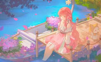 1girl ahoge animal apple arm_cutout bad_link bare_legs bare_shoulders belt black_belt black_bow black_ribbon blunt_bangs boat bow bow_choker bowtie bra_strap brown_eyes cat chinese_commentary choker cloak closed_mouth clothed_animal clothing_cutout collarbone commentary_request day ear_covers eyelashes falling_petals food food-themed_creature frilled_shirt frilled_skirt frilled_sleeves frills fruit full_body grass hair_bow hair_ribbon hexagram high-waist_skirt hood hood_up hooded_cloak infinity_nikki junimo layered_skirt long_hair long_sidelocks long_sleeves looking_ahead low_twintails medium_skirt momo_(nikki) navel nikki_(nikki) nikki_(series) off-shoulder_shirt off_shoulder outdoors pawpads perfect_start_(infinity_nikki) petals pink_bow pink_choker pink_hair pink_ribbon pink_skirt pleated_skirt puffy_long_sleeves puffy_sleeves ribbon river shirt sidelocks single_stripe sitting skirt sleeves_past_wrists smile soaking_feet stardew_valley striped_bow striped_choker tress_ribbon twintails very_long_hair watercraft watermark waving wavy_hair whiskers white_cat white_shirt white_skirt yellow_cloak youyutiao