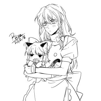 Rule 34 | 2girls, aihara-rina, animal ears, apron, back bow, blush, bow, braid, cat ears, cat girl, cat tail, chinese commentary, closed mouth, commentary request, fingerless gloves, fish, food in mouth, frilled bow, frilled hair tubes, frills, gloves, greyscale, hair bow, hair tubes, hakurei reimu, highres, hug, kemonomimi mode, kirisame marisa, long hair, monochrome, mouth hold, multiple girls, no headwear, puffy short sleeves, puffy sleeves, short sleeves, side braid, single braid, skirt, tail, touhou, vest, waist apron