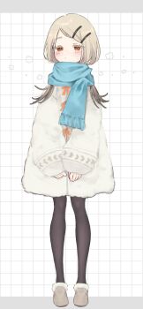 1girl :&lt; black_pantyhose blonde_hair blue_scarf blush brown_shoes checkered_background closed_mouth coat colored_eyelashes commentary_request enpera flipped_hair full_body fur-trimmed_shoes fur_coat gakuen_idolmaster grey_hair hair_ornament hairclip half-closed_eyes highres i0i_sayuu idolmaster letterboxed long_hair looking_ahead multicolored_hair orange_eyes orange_ribbon outside_border oversized_clothes pantyhose parallel_hairclips parted_bangs ribbon scarf shinosawa_hiro shoes sleeves_past_wrists solo standing v_arms white_background white_coat wide_sleeves