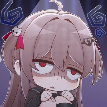 Rule 34 | 1girl, @ @, absurdres, ahoge, bandaid, bandaid on knee, bandaid on leg, black cardigan, black sailor collar, black thighhighs, broken heart, broken heart hair ornament, brown hair, cardigan, chibi, chibi only, commentary, english commentary, evil neuro-sama, from side, gloom (expression), hair between eyes, hair ribbon, heart, highres, long hair, long sleeves, neuro-sama, red eyes, red ribbon, ribbon, sailor collar, single thighhigh, solo, sticker (medium), thighhighs, triangle mouth, two side up, user mrsd7573, vedal ai